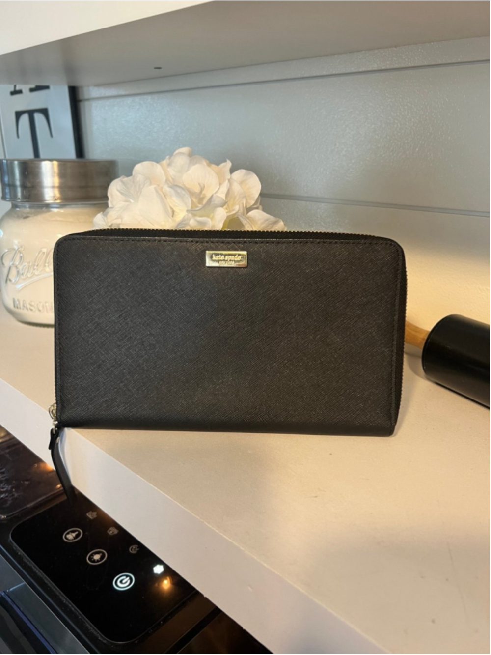 Kate Spade Leather Wallet Black Zip-Around Organizer Clutch